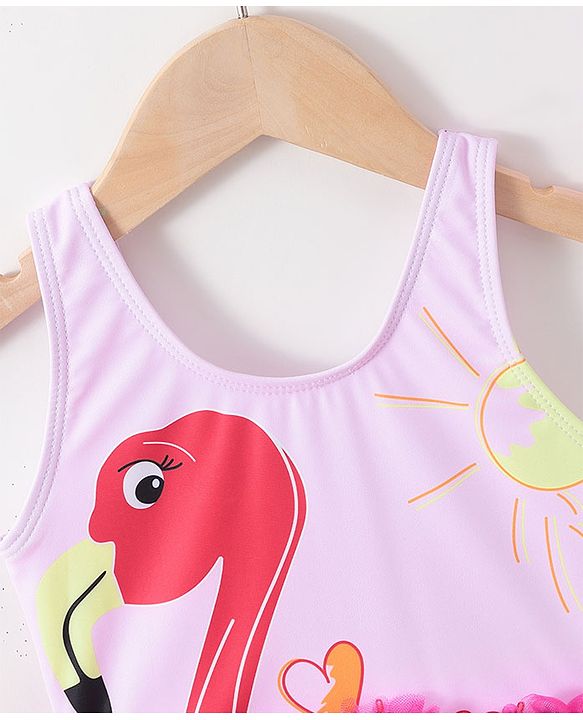 Babyhug Sleeveless Frock Swimsuit with Cap Flamingo Print - Pink