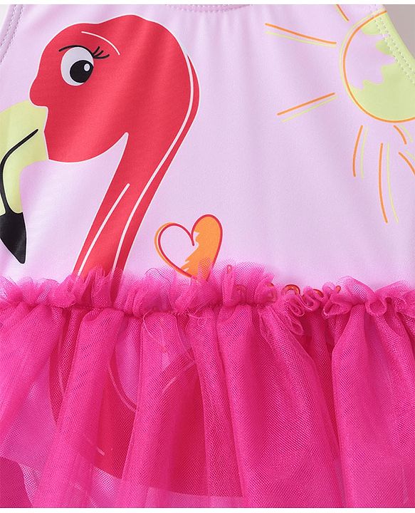 Babyhug Sleeveless Frock Swimsuit with Cap Flamingo Print - Pink