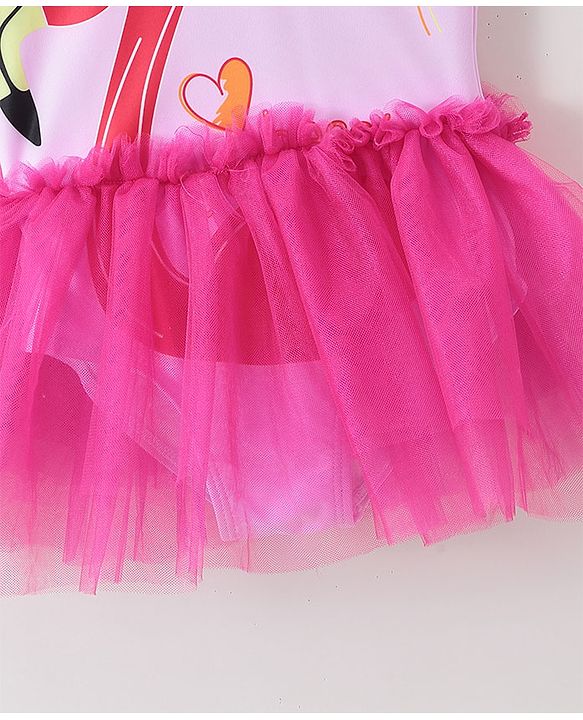 Babyhug Sleeveless Frock Swimsuit with Cap Flamingo Print - Pink