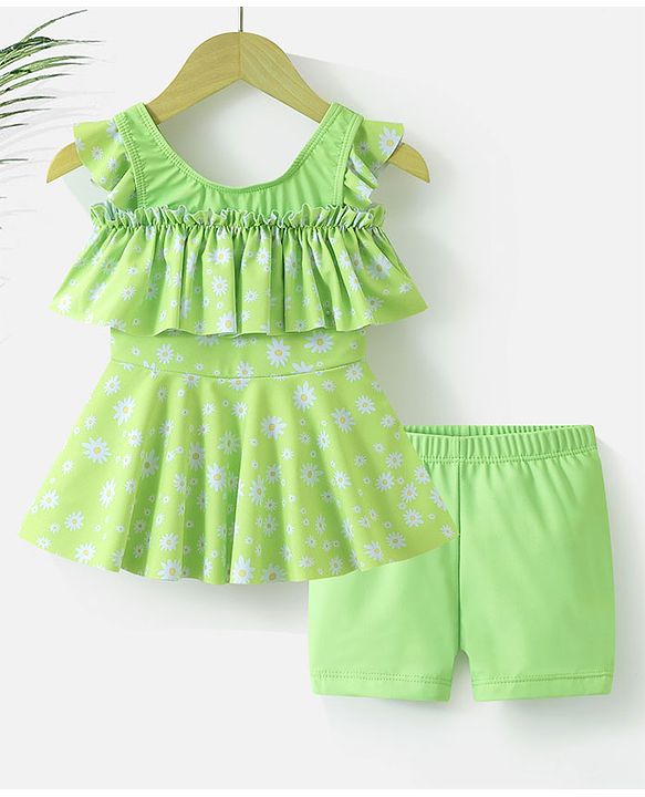Babyhug Sleeveless Frock Swimsuit with Shorts Floral Print - Green