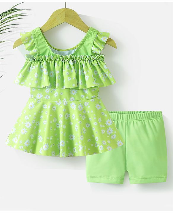Babyhug Sleeveless Frock Swimsuit with Shorts Floral Print - Green