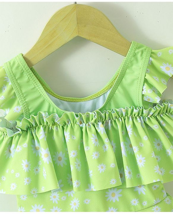 Babyhug Sleeveless Frock Swimsuit with Shorts Floral Print - Green