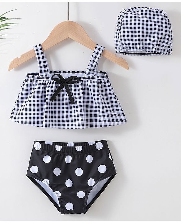 Babyhug Sleeveless Two Piece Checked Swimsuit with Cap - Black