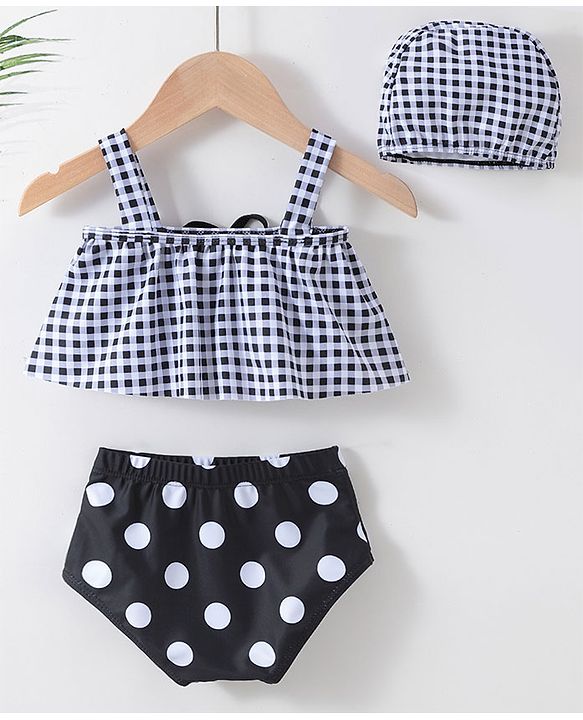 Babyhug Sleeveless Two Piece Checked Swimsuit with Cap - Black