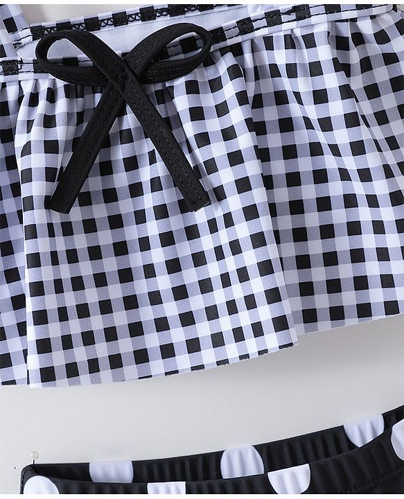 Babyhug Sleeveless Two Piece Checked Swimsuit with Cap - Black