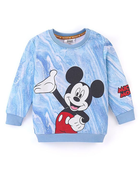 Babyhug Cotton Knit Full Sleeves Sweatshirt with Mickey Mouse Graphics - White & Blue