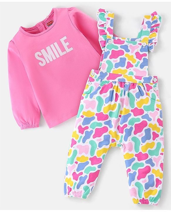 Babyhug Single Jersey Knit Dungaree Set With Full Sleeves Tee Text Print - Multicolour
