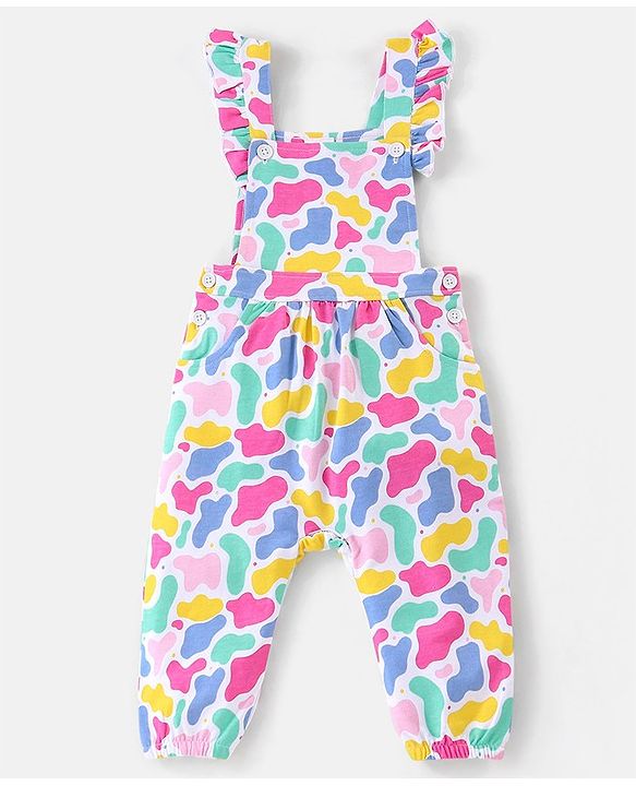 Babyhug Single Jersey Knit Dungaree Set With Full Sleeves Tee Text Print - Multicolour