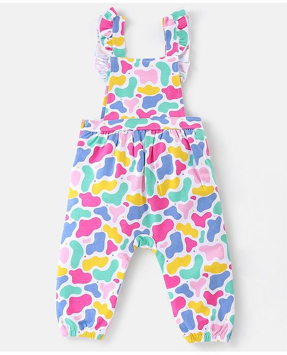 Babyhug Single Jersey Knit Dungaree Set With Full Sleeves Tee Text Print - Multicolour
