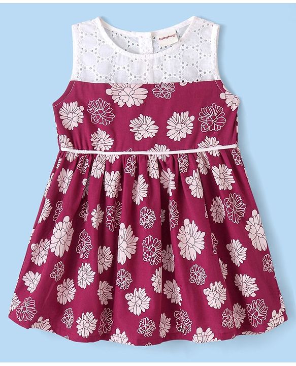 Babyhug Cotton Woven Sleeveless Frock With Knit Shrug Floral Print - Maroon & White