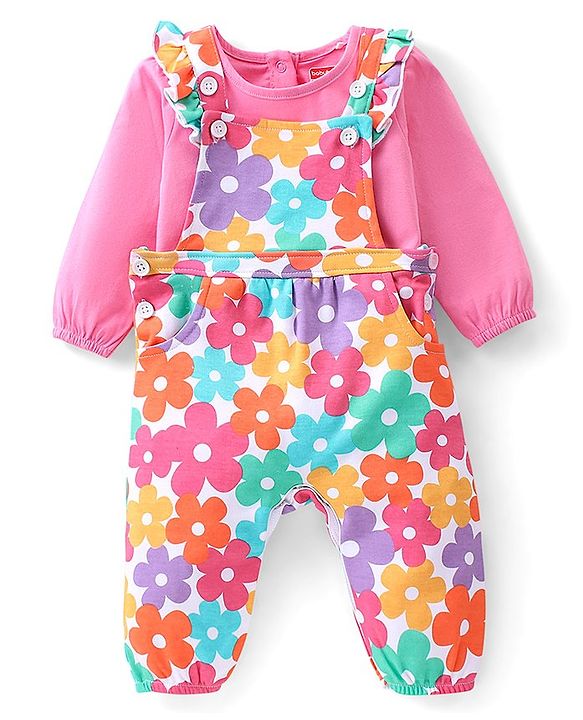 Babyhug 100% Cotton Knit Floral Printed Dungaree with Full Sleeves Inner Tee - Pink