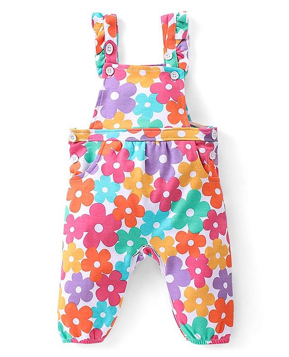 Babyhug 100% Cotton Knit Floral Printed Dungaree with Full Sleeves Inner Tee - Pink
