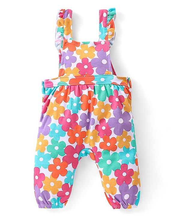Babyhug 100% Cotton Knit Floral Printed Dungaree with Full Sleeves Inner Tee - Pink