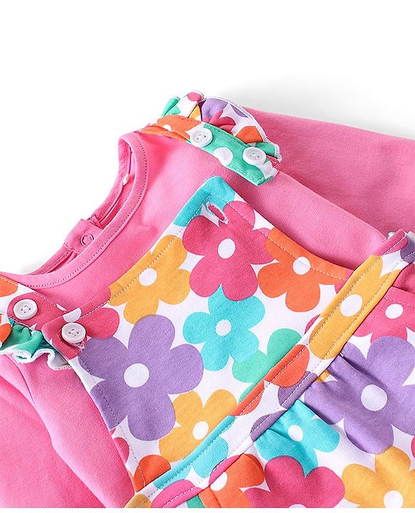 Babyhug 100% Cotton Knit Floral Printed Dungaree with Full Sleeves Inner Tee - Pink