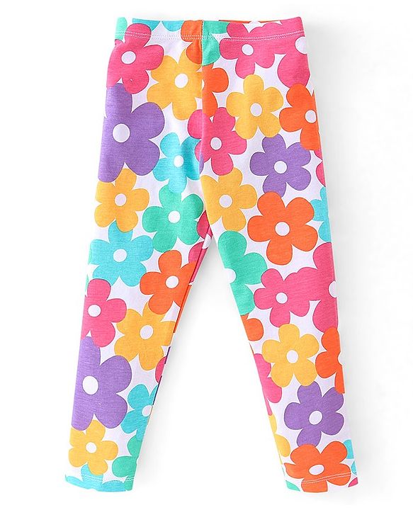 Babyhug 100% Cotton Knit Full Sleeves Top & Leggings With Floral Print - White & Purple