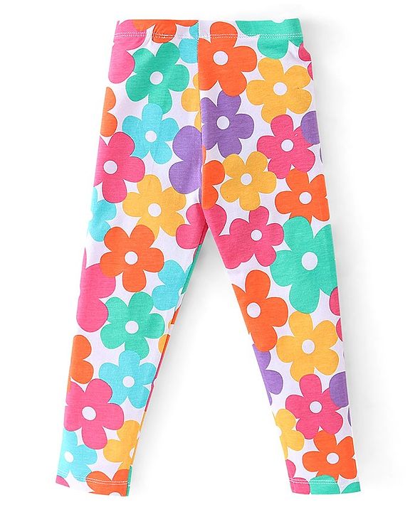 Babyhug 100% Cotton Knit Full Sleeves Top & Leggings With Floral Print - White & Purple