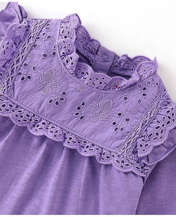 Babyhug 100% Cotton Knit Full Sleeves Top & Leggings With Floral Print - White & Purple
