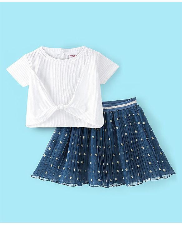 Babyhug Half Sleeves Solid & Knot Detailing Top with Polka Dots Printed Skirt - White & Blue