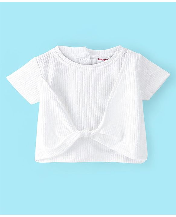 Babyhug Half Sleeves Solid & Knot Detailing Top with Polka Dots Printed Skirt - White & Blue