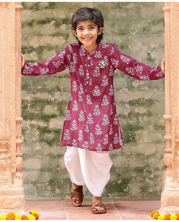 Babyhug 100% Cambric Full Sleeve Printed Kurta With Solid Dhoti Set - Magenta