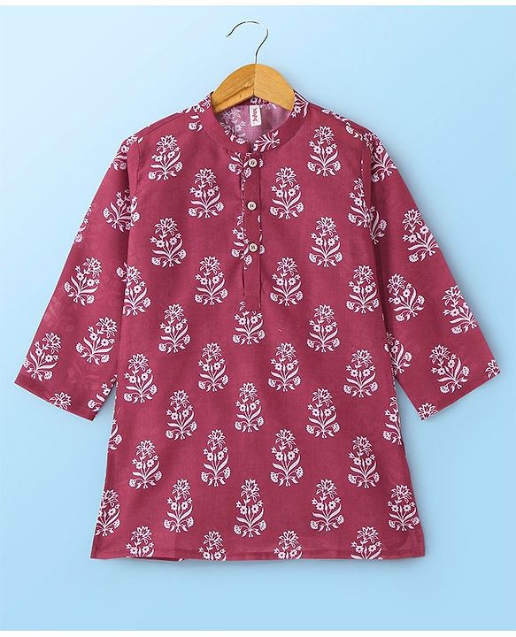 Babyhug 100% Cambric Full Sleeve Printed Kurta With Solid Dhoti Set - Magenta