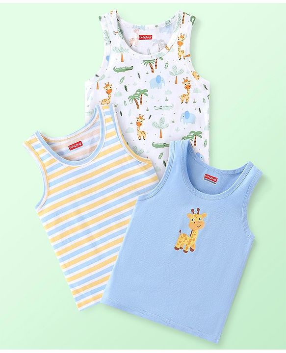 Babyhug 100% Cotton Knit Sleeveless Striped & Giraffe Print Sando Pack Of 3 - Blue White & Yellow