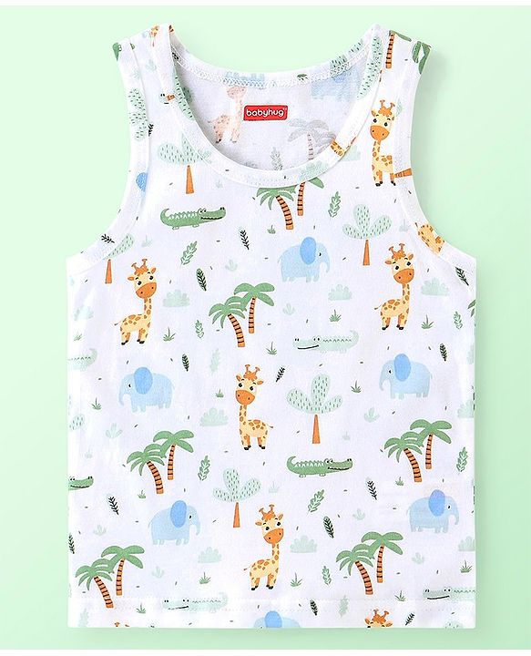 Babyhug 100% Cotton Knit Sleeveless Striped & Giraffe Print Sando Pack Of 3 - Blue White & Yellow