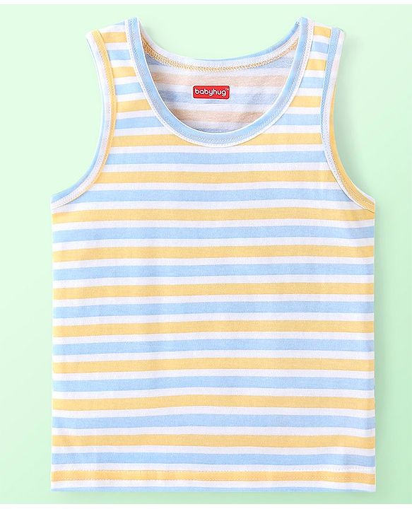 Babyhug 100% Cotton Knit Sleeveless Striped & Giraffe Print Sando Pack Of 3 - Blue White & Yellow
