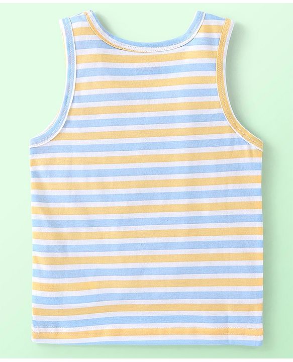 Babyhug 100% Cotton Knit Sleeveless Striped & Giraffe Print Sando Pack Of 3 - Blue White & Yellow