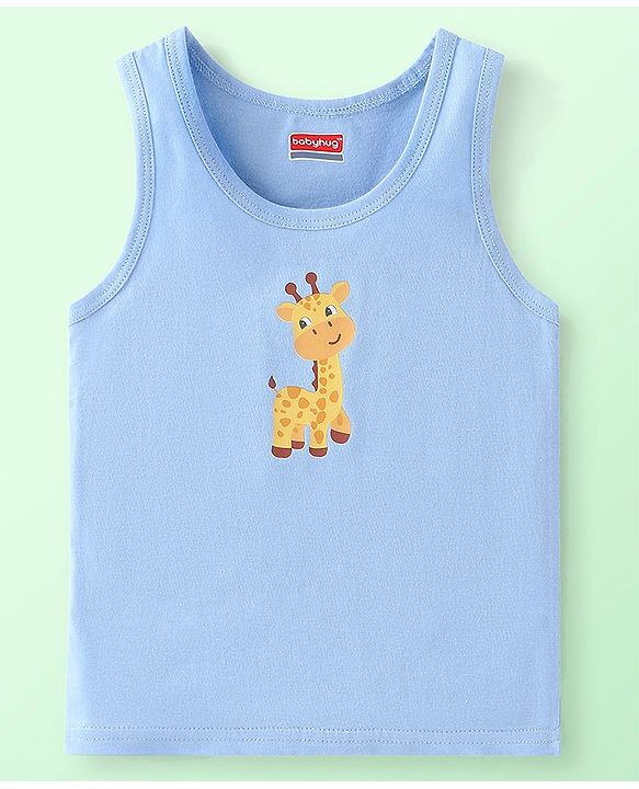 Babyhug 100% Cotton Knit Sleeveless Striped & Giraffe Print Sando Pack Of 3 - Blue White & Yellow