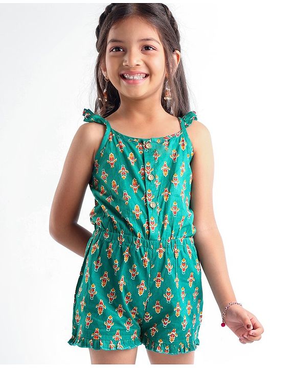 Babyhug 100% Cambric Sleeveless Printed Jumpsuit - Green.