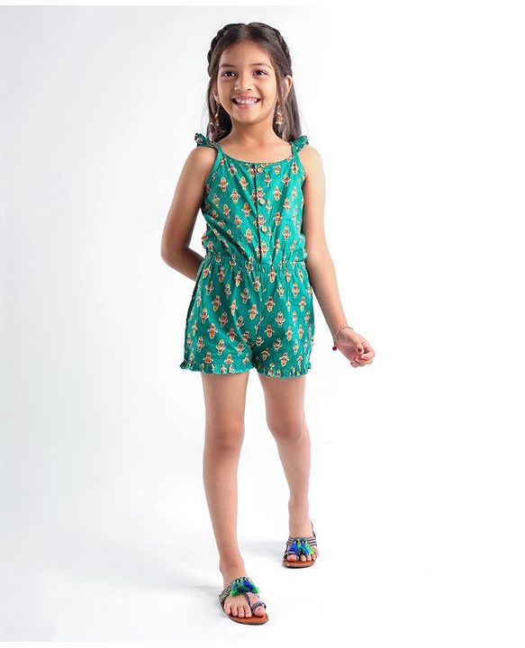 Babyhug 100% Cambric Sleeveless Printed Jumpsuit - Green.