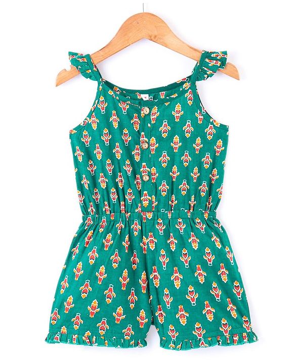 Babyhug 100% Cambric Sleeveless Printed Jumpsuit - Green.