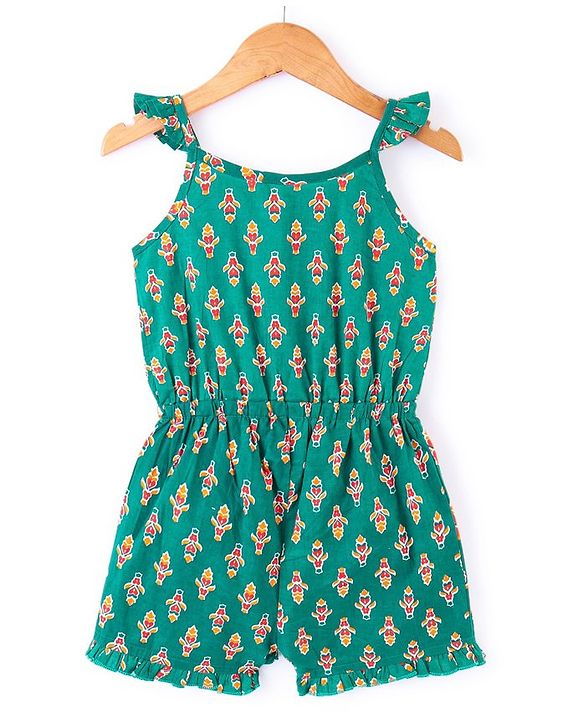 Babyhug 100% Cambric Sleeveless Printed Jumpsuit - Green.