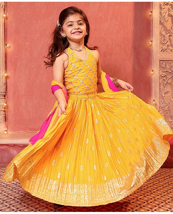 Babyhug Sleeveless Embrodered Choli with Foil Printed Pleated Lehenga and Dupatta - Mustard
