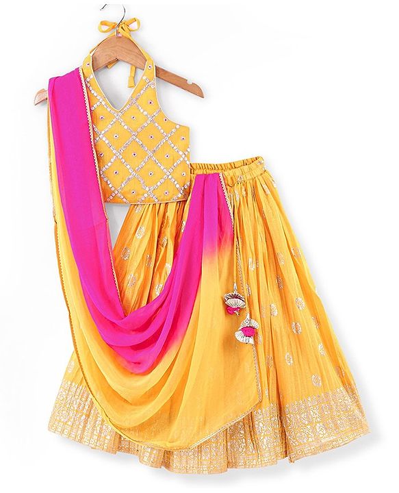 Babyhug Sleeveless Embrodered Choli with Foil Printed Pleated Lehenga and Dupatta - Mustard