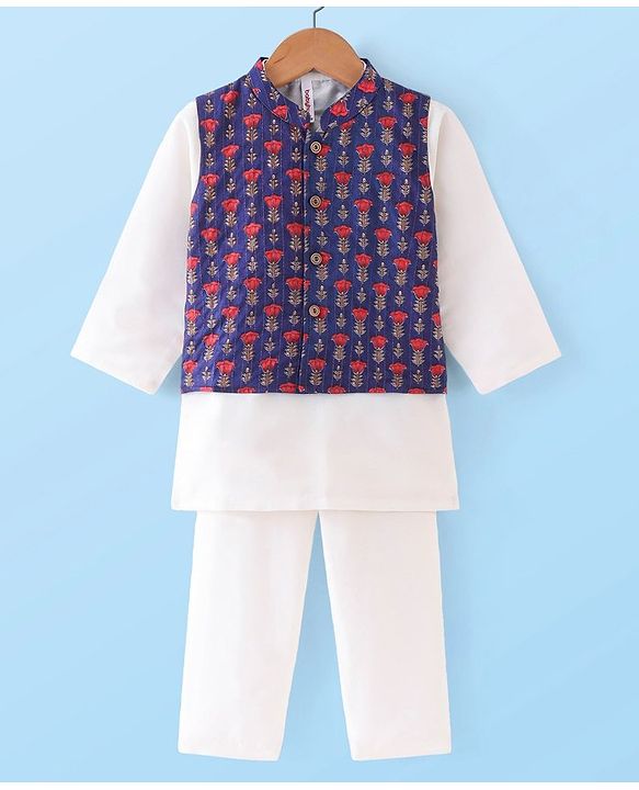 Babyhug 100% Cotton Full Sleeves Kurta & Pyjama Set With Waist Coat Ikat Print - White & Blue