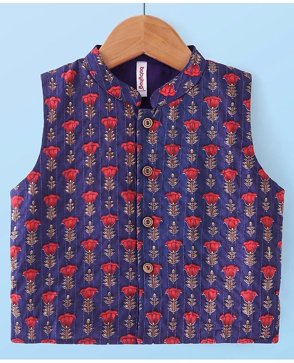 Babyhug 100% Cotton Full Sleeves Kurta & Pyjama Set With Waist Coat Ikat Print - White & Blue