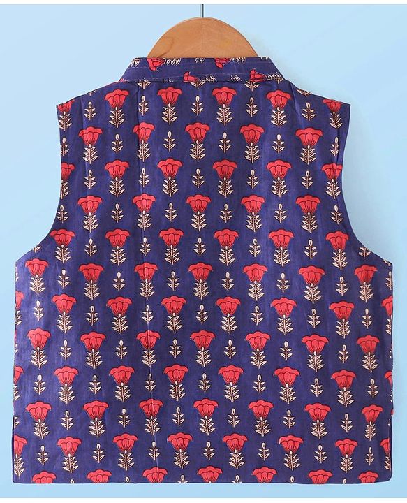 Babyhug 100% Cotton Full Sleeves Kurta & Pyjama Set With Waist Coat Ikat Print - White & Blue