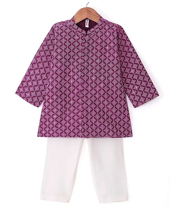 Babyhug Woven Full Sleeves Embroidered Kurta & Pajama Set - Purple