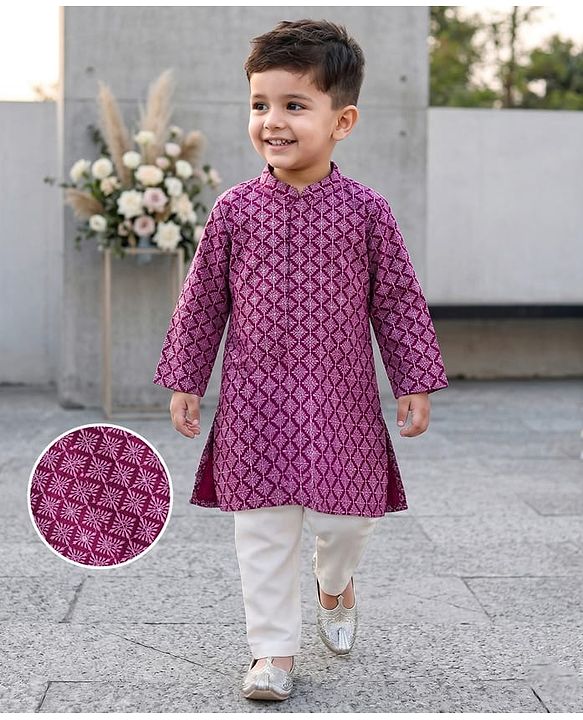 Babyhug Woven Full Sleeves Embroidered Kurta & Pajama Set - Purple