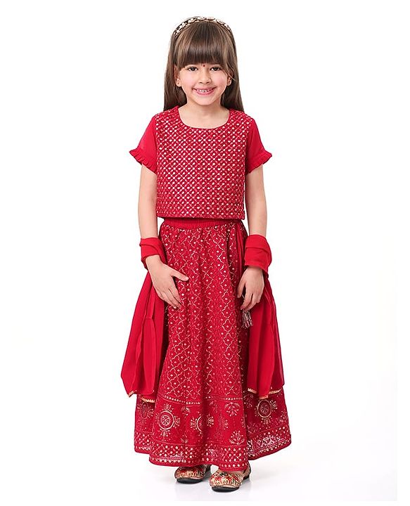 Babyhug Half Sleeves Sequined Embroidered Choli Lehenga and Dupatta Set - Red
