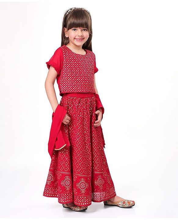 Babyhug Half Sleeves Sequined Embroidered Choli Lehenga and Dupatta Set - Red