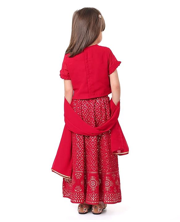 Babyhug Half Sleeves Sequined Embroidered Choli Lehenga and Dupatta Set - Red