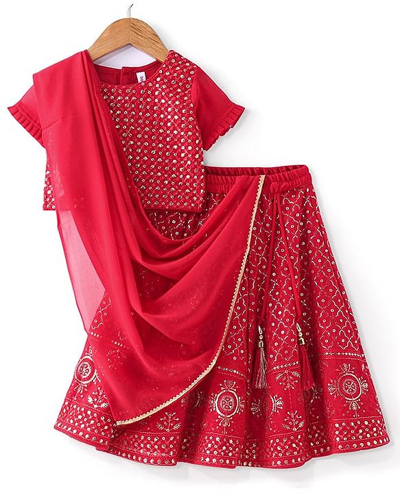Babyhug Half Sleeves Sequined Embroidered Choli Lehenga and Dupatta Set - Red