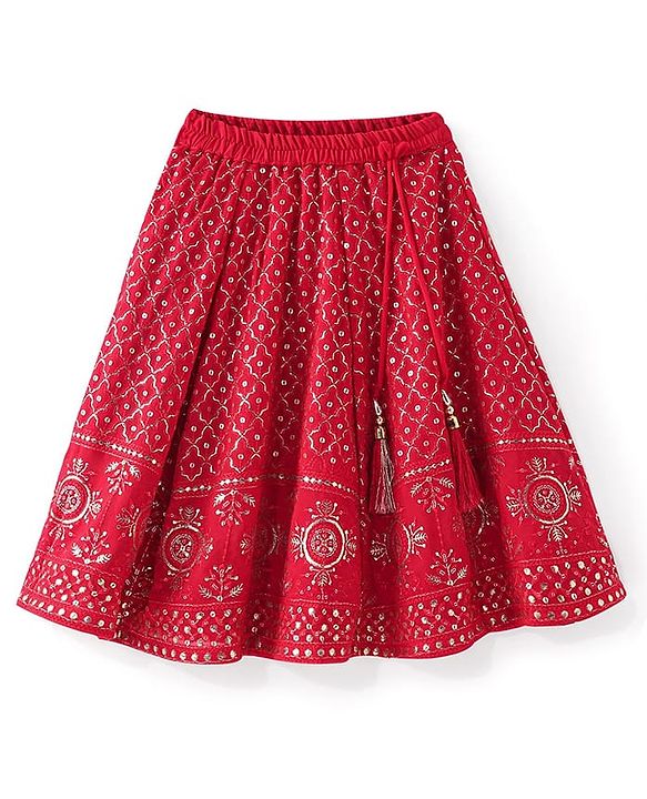 Babyhug Half Sleeves Sequined Embroidered Choli Lehenga and Dupatta Set - Red