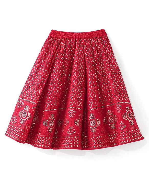 Babyhug Half Sleeves Sequined Embroidered Choli Lehenga and Dupatta Set - Red