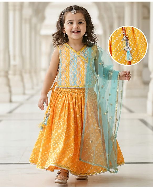 Babyhug 100% Cotton Knit Sleeveless Sequenced Embroidered Choli with Bandhani Printed Lehenga  and Dupatta Set - Yellow