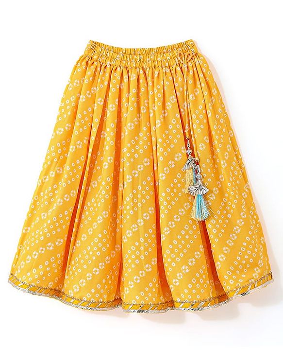 Babyhug 100% Cotton Knit Sleeveless Sequenced Embroidered Choli with Bandhani Printed Lehenga  and Dupatta Set - Yellow