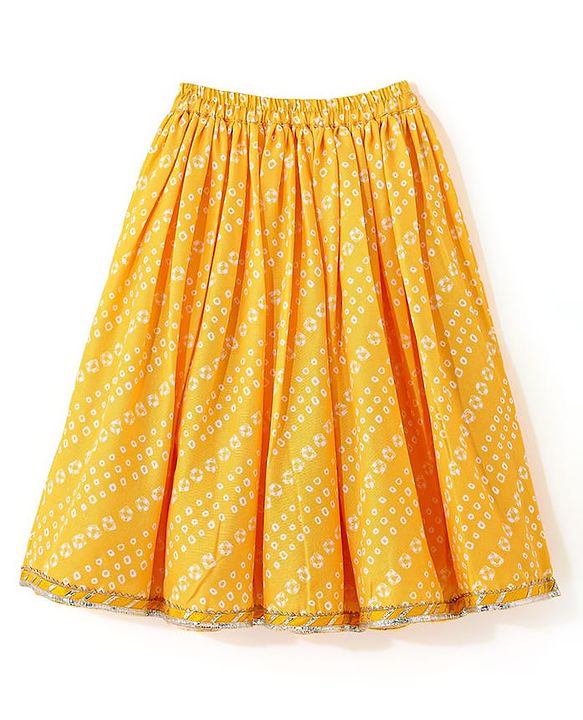 Babyhug 100% Cotton Knit Sleeveless Sequenced Embroidered Choli with Bandhani Printed Lehenga  and Dupatta Set - Yellow